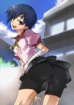  ass bad_id bad_pixiv_id bakemonogatari bent_over bike_shorts black_hair bow bowtie brown_eyes cameltoe from_below hijiri kanbaru_suruga looking_back monogatari_(series) open_mouth skirt solo tongue upskirt 