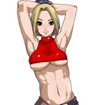  abs armpits arms_behind_head arms_up belt blue_mary breasts chiisan fatal_fury large_breasts looking_at_viewer lowres midriff muscle navel simple_background solo the_king_of_fighters underboob upper_body white_background 
