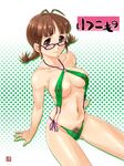  akizuki_ritsuko antenna_hair areola_slip areolae breasts brown_eyes brown_hair glasses idolmaster idolmaster_(classic) large_breasts pubic_hair see-through sitting slingshot_swimsuit solo swimsuit tachi_hirushi 