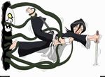  1girl barefoot black_hair bleach blush feet female foot_tickling hollow katana kuchiki_rukia laughing navel open_clothes sarashi sword tears tentacle tentacles tickling tickling_tickle_tickled weapon 