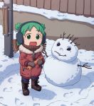  1girl :d absurdres boots brown_footwear carrot child coat earmuffs eyebrows_visible_through_hair food footprints fur-trimmed_coat fur_trim furin94 green_eyes green_hair highres holding holding_food hooded_coat koiwai_yotsuba looking_at_viewer open_mouth quad_tails red_coat scarf short_hair smile snow snowman solo standing telephone_pole winter_clothes winter_coat yotsubato! zipper zipper_pull_tab 