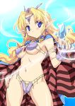  bad_id bad_pixiv_id bikini blonde_hair blue_eyes breasts cape crystal eeeeee elf esper_(saga_2) long_hair medium_breasts pointy_ears saga saga_2 solo striped swimsuit underboob 