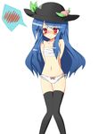  bad_id bad_pixiv_id bare_shoulders black_legwear blue_hair blush embarrassed flat_chest food fruit hat hinanawi_tenshi long_hair navel panties peach red_eyes sarashi solo spoken_blush thighhighs touhou underwear underwear_only urimono white_panties 