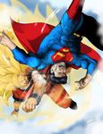  abs albert217 armband aura battle black_hair blonde_hair blue_eyes cape clenched_hand closed_eyes crossover dc_comics dragon_ball dragon_ball_z flying green_eyes long_hair male_focus manly multiple_boys muscle open_mouth punching short_hair signature skin_tight son_gokuu super_saiyan superman teeth very_long_hair wristband 