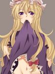  bad_id bad_pixiv_id blonde_hair dress dress_in_mouth dress_lift groin hat long_hair mouth_hold navel purple_eyes solo touhou waiko yakumo_yukari 