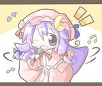  ;d aoblue beamed_eighth_notes chibi dancing eighth_note happy hat letterboxed long_hair microphone music musical_note one_eye_closed open_mouth patchouli_knowledge purple_eyes purple_hair ribbon singing smile solo touhou 