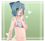  bad_id bad_pixiv_id blue_eyes blue_hair bottomless bra cirno green_background hair_ornament hair_ribbon heart lingerie navel no_panties one_eye_closed ribbon solo touhou underwear yawning yuzuha_(artist) 