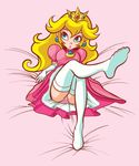  1girl blonde_hair blue_eyes crown cute dress nintendo panties pink_panties princess_peach solo super_mario super_mario_bros. super_princess_peach thighhighs underwear upskirt 