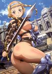  absurdres armor ass blonde_hair blush boots braid breasts cleavage cloud day highres kaneko_hiraku large_breasts leina looking_back non-web_source panties purple_eyes queen's_blade revealing_clothes shield short_hair_with_long_locks side_braid sideboob sky smile solo sword twin_braids underwear weapon 