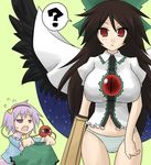  :&lt; ? arm_cannon black_hair bow breasts cape green_bow hair_bow impossible_clothes impossible_shirt komeiji_satori large_breasts long_hair multiple_girls no_pants oro_(zetsubou_girl) panties pink_hair purple_eyes red_eyes reiuji_utsuho shirt striped striped_panties thigh_gap touhou underwear weapon wings 