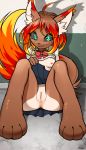  2018 ahoge animal_humanoid anthro big_butt black_sclera bow breasts butt canid canine canis caradhina clothed clothing digital_media_(artwork) digitigrade embers female fire flashing fur hair hi_res humanoid kittell_(artist) looking_at_viewer mammal nipples pussy ribbons school_uniform skirt smile solo thick_thighs uniform wolf 