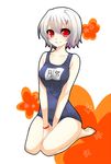  bad_id bad_pixiv_id bare_shoulders barefoot between_thighs breast_squeeze breasts collarbone hair_ornament hairclip large_breasts one-piece_swimsuit original school_swimsuit seiza short_hair silver_hair sitting smile solo swimsuit v_arms wristband yutazou 