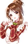  1girl :d apron bangs blush bow bowtie brown_eyes brown_hair character_request collared_shirt eyebrows_visible_through_hair green_neckwear hair_bun hands_up head_tilt highres idolmaster idolmaster_cinderella_girls long_hair misumi_(macaroni) open_mouth plaid plaid_shirt red_shirt shirt sidelocks simple_background smile solo steepled_fingers upper_body white_apron white_background 