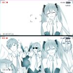  &gt;_&lt; 2boys 4girls \n/ absurdres arms_up bare_shoulders battery_indicator blurry bow commentary cosplay depth_of_field detached_sleeves eyes_closed hair_bow hair_ornament hairclip hands_on_hips hatsune_miku hatsune_miku_(cosplay) highres kagamine_len kagamine_rin kaito long_hair megurine_luka meiko monochrome motion_blur multiple_boys multiple_girls necktie photo recording short_hair skirt smile star sunglasses timestamp upper_body upside-down v very_long_hair viewfinder vocaloid yen-mi |_| 