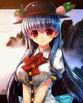  alternate_breast_size bad_id bad_pixiv_id blue_hair breasts food fruit hat hinanawi_tenshi large_breasts leaf long_hair looking_at_viewer peach red_eyes ryuuzaki_ichi smile solo touhou 
