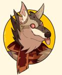  2019 brawlhalla brown_fur ear_piercing ear_ring fulljuan_9602 fur hi_res hyaenid inner_ear_fluff looking_at_viewer male mammal octavius_mordex piercing portrait profile scarf signature simple_background slit_pupils spots spotted_hyena stitching tan_fur tongue tongue_out white_fur 