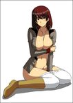  between_breasts between_thighs blush boots breast_rest breasts brown_hair gundam gundam_lost_war_chronicles jewelry kitahara_aki large_breasts military military_uniform necklace noel_anderson open_clothes open_shirt pantyhose pantyhose_pull shirt solo uniform 