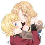  2girls bangs blonde_hair blue_eyes brown_jacket collarbone darjeeling eyebrows_visible_through_hair girls_und_panzer green_eyes grey_shirt hair_between_eyes hands_on_another&#039;s_face jacket kay_(girls_und_panzer) light_brown_hair long_hair long_sleeves looking_at_viewer multiple_girls open_clothes open_jacket parted_lips profile red_jacket saunders_military_uniform sheepd shirt signature simple_background st._gloriana&#039;s_military_uniform star upper_body white_background yuri 