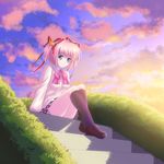  blonde_hair blue_eyes bow dinyc grass kamikita_komari little_busters! lowres panties pantyshot pantyshot_(sitting) pink_bow plaid plaid_skirt school_uniform short_hair sitting sitting_on_stairs skirt solo stairs twilight twintails underwear 