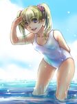  blonde_hair blue_eyes cloud day iwashino leaning_forward one-piece_swimsuit original shading_eyes short_hair sky solo swimsuit twintails wading water wet 