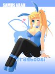  animal_ears black_legwear blonde_hair blue_eyes breasts bunny_ears bunnysuit eyeshadow formal framboosi heart high_heels large_breasts lipstick makeup metroid nail_polish nintendo one_eye_closed pantyhose ponytail samus_aran shoes sitting smile solo wrist_cuffs 