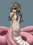  artist_request black_hair bracelet breasts cleavage copyright_request finger_in_mouth finger_sucking green_eyes highres jewelry lamia large_breasts loincloth long_hair monster_girl navel neck_ring necklace pointy_ears scales snake solo stomach sweat tail topless 