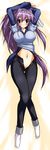  blush breasts clannad dakimakura denim fujibayashi_kyou jeans large_breasts long_hair midriff navel no_panties open_fly pants purple_eyes purple_hair ribbon solo umesato_yukino unzipped 