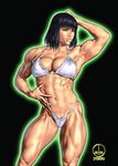  abs arm_up armpits bangs biceps bikini black_background black_hair breasts cleavage covered_nipples dairoku_tenma dated ghost_in_the_shell grin hand_behind_head hand_on_own_stomach highleg highleg_bikini kusanagi_motoko large_breasts lifted_by_self lips looking_at_viewer muscle muscular_female navel outline parted_lips pose realistic red_eyes short_hair simple_background skindentation smile solo standing strap_lift string_bikini swimsuit thick_thighs thighs veins white_bikini 