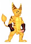  2019 anthro balls digital_media_(artwork) erection fur green_eyes hi_res humanoid_penis lombax looking_at_viewer male mammal muscular muscular_male nude pecs penis ratchet ratchet_and_clank seyrmo simple_background smile solo stripes video_games 