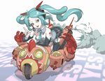  aqua_eyes aqua_hair daromeon detached_sleeves ground_vehicle hatsune_miku headphones headset leaning_forward long_hair motor_vehicle motorcycle necktie riding skirt smile solo thighhighs twintails vocaloid zettai_ryouiki 