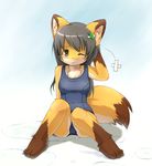  animal_ears barefoot blush female fox fox_ears fox_tail full_body furry gradient gradient_background grey_hair hair_ornament hairclip ka_(pixiv341010) kagerofu leaf long_hair one-piece_swimsuit pain paws school_swimsuit sitting solo swimsuit tail tears wet wink yellow_eyes 
