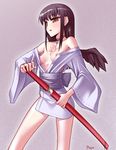  bad_id bad_pixiv_id black_hair breasts brown_eyes copyright_request highres japanese_clothes kimono open_clothes open_shirt sheath sheathed shirt short_kimono small_breasts solo sword weapon wings yamanezumi_rokikku 