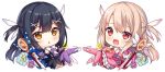  2girls :d alternate_hairstyle black_hair blue_flower blush boots brown_eyes chibi commentary detached_sleeves english_commentary fate/kaleid_liner_prisma_illya fate_(series) feathers flower gloves hair_feathers hair_ornament hitsukuya illyasviel_von_einzbern leotard light_brown_hair long_hair long_sleeves looking_at_viewer magical_ruby magical_sapphire miyu_edelfelt multiple_girls open_mouth parted_lips pink_footwear pink_legwear pink_shirt pink_sleeves pleated_skirt prisma_illya purple_flower purple_legwear purple_leotard purple_sleeves red_eyes shirt shoes simple_background skirt sleeveless sleeveless_shirt smile thigh_boots thighhighs twintails very_long_hair wand white_background white_footwear white_gloves white_skirt x_hair_ornament 