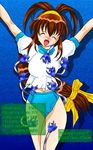  bdsm bondage bound brown_hair gym_uniform hair_ribbon kanzaki_akari long_hair ponytail ribbon tears thighs tickling tickling_tickle 