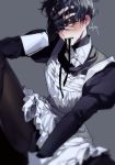  1boy artist_name black_gloves black_hair blush bow crossdressing earrings fingerless_gloves gloves grey_background hand_on_own_head jewelry juliet_sleeves long_sleeves looking_at_viewer maid male_focus mouth_hold original puffy_sleeves simple_background stud_earrings sukja white_bow 
