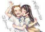  @_@ ^_^ akiyama_mio angry arm_up bad_id bad_pixiv_id bangs biting black_hair blush brown_eyes brown_hair cheek_biting closed_eyes hairband hug k-on! kaida_bola leaning_forward long_hair multiple_girls neck_ribbon pain ribbon school_uniform shirt short_hair simple_background sweater_vest tainaka_ritsu tears translated upper_body white_background yuri 