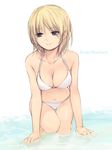  bangs beach bikini blonde_hair breasts cleavage coffee-kizoku eyebrows_visible_through_hair large_breasts navel original partially_submerged purple_eyes shiny shiny_skin short_hair smile solo swimsuit thigh_gap translation_request water 