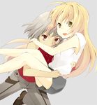  428 ahoge bad_id bad_pixiv_id blonde_hair brown_eyes canaan canaan_(character) carrying eka_eri jewelry long_hair multiple_girls necklace oosawa_maria open_mouth princess_carry red_eyes short_hair silver_hair 