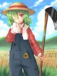  cloud day dirty dirty_face farm flower green_hair hat hoe kazami_yuuka mokku mountain one_eye_closed overalls plaid red_eyes short_hair smile solo straw_hat sun_hat sunflower suspenders touhou towel towel_around_neck wiping wiping_face 