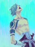  blue_hair hands_in_pockets kamina male_focus piyo rain sarashi solo tattoo tegaki tengen_toppa_gurren_lagann tongue wet 