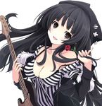  black_hair breasts cleavage copyright_request flower guitar hat instrument long_hair medium_breasts mikoto_akemi rose smile solo striped vertical_stripes 