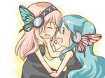  alternate_hairstyle blue_eyes blue_hair butterfly_hair_ornament butterfly_wings chibi dress face-to-face hair_ornament happy hatsune_miku headset holding_hands long_hair magnet_(vocaloid) megurine_luka momiji_rou multiple_girls pink_hair vocaloid wallpaper wings yuri 