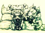  aburaage bad_id bad_pixiv_id blush_stickers chibi coco_maru eating food fox_tail fujiwara_no_mokou green monochrome multiple_girls multiple_tails tail touhou traditional_media yakumo_ran yellow_background 