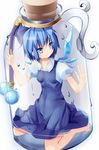 blue_eyes blue_hair bottle bow breasts cirno cork covered_nipples hair_bow in_bottle in_container mikan_(bananoha) minigirl short_hair small_breasts solo touhou water wings 