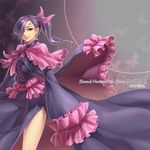  2009 bad_id bad_pixiv_id bug butterfly cape capelet circle copyright_name cowboy_shot cross-laced_clothes dress facial_mark flat_chest forehead_mark frilled_cape frilled_dress frilled_sleeves frills gradient gradient_background hair_over_one_eye hair_ribbon high_ponytail insect light_smile long_hair looking_at_viewer moira mu_(sound_horizon) one_eye_covered parted_lips pink_ribbon purple_dress purple_eyes purple_hair ribbon side_ponytail side_slit silhouette sleeves_past_fingers sleeves_past_wrists solo sound_horizon standing very_long_sleeves yeruen 