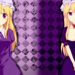  arms_behind_back bad_id bad_pixiv_id blonde_hair breasts checkered checkered_background choker cleavage hat hiiragi_mitsuna long_hair maribel_hearn medium_breasts multiple_girls purple_eyes smile touhou yakumo_yukari 