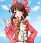  1girl ascot belt bow brown_eyes brown_hair female hair_bow hakurei_reimu jacket lanzen pirate pixiv_thumbnail resized smile touhou water wink 