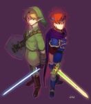  back-to-back belt blonde_hair blue_eyes cape fire_emblem fire_emblem:_fuuin_no_tsurugi gloves hat left-handed link male_focus master_sword multiple_boys pointy_ears red_eyes roy_(fire_emblem) shield smile super_smash_bros. sword the_legend_of_zelda uichi weapon 