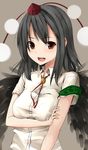  armband bad_hands black_hair black_wings blush bolo_tie crossed_arms hat highres looking_at_viewer open_mouth red_eyes shameimaru_aya short_hair smile solo tokin_hat touhou unasaka_ryou wings 