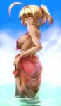  ahoge back bare_back blonde_hair breasts brown_eyes character_request copyright_request dark_skin gradient_sarong huge_ahoge large_breasts looking_back ocean pink_sarong ponytail sarong sideboob solo tro wading water wet 